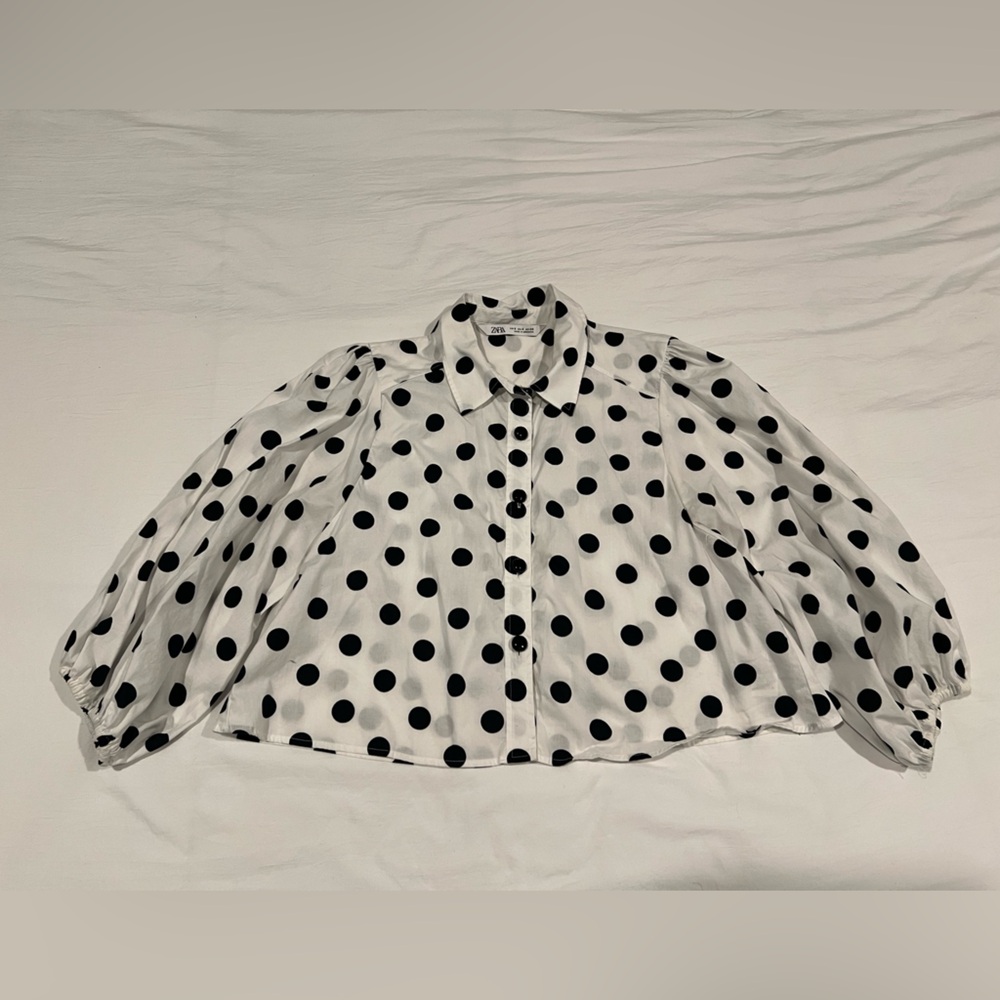 Zara Polka Dot Button-Up Cropped Blouse - Picture 2 of 6